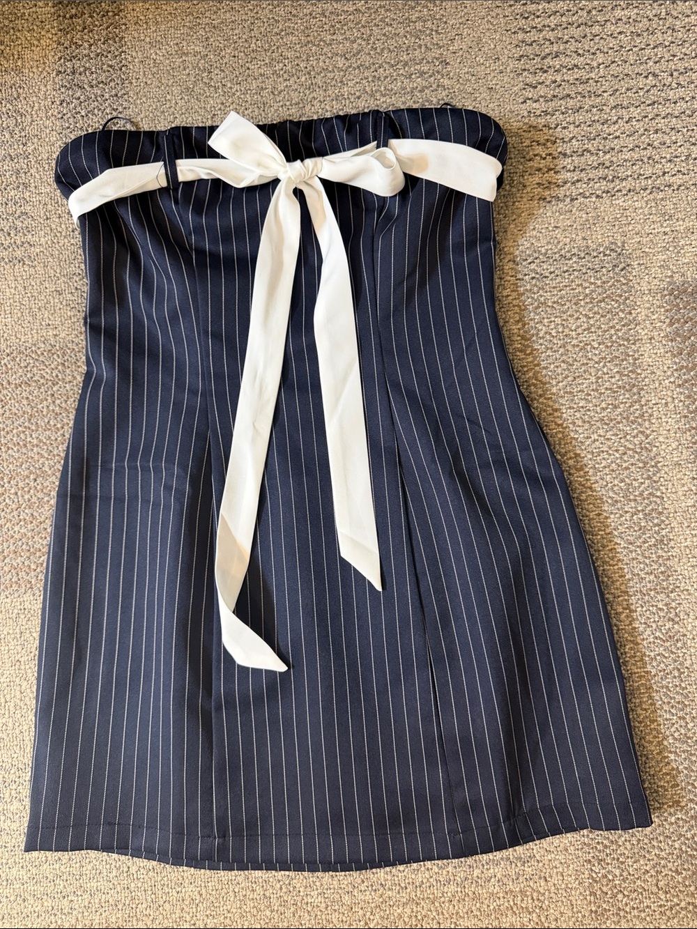 Strapless Navy Pinstripe Dress with Cream Waist Tie